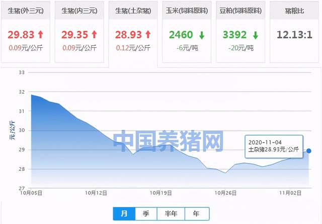 2020年11月4日全国土杂猪均价走势图